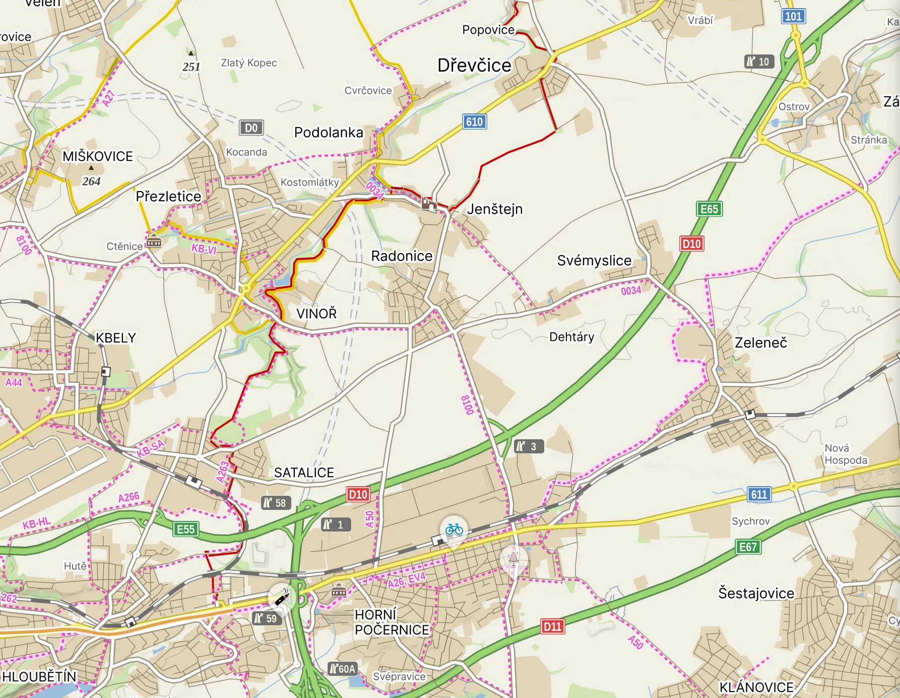 Mapa: Oblouková, Radonice u Prahy, mezi Vinoří a Svémyslicemi